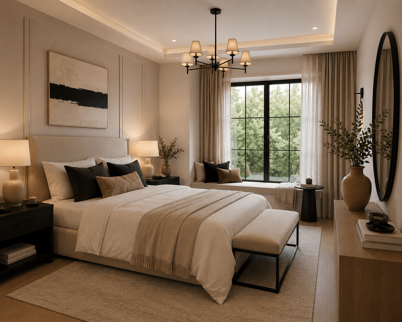 Staged master bedroom with warm tones and chandelier