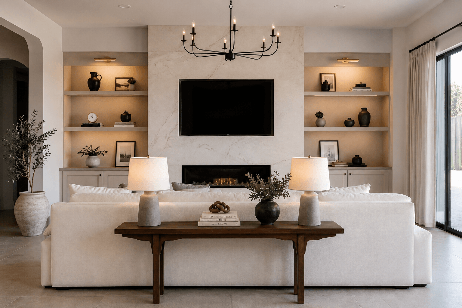 Modern family room with marble fireplace and built-in shelving