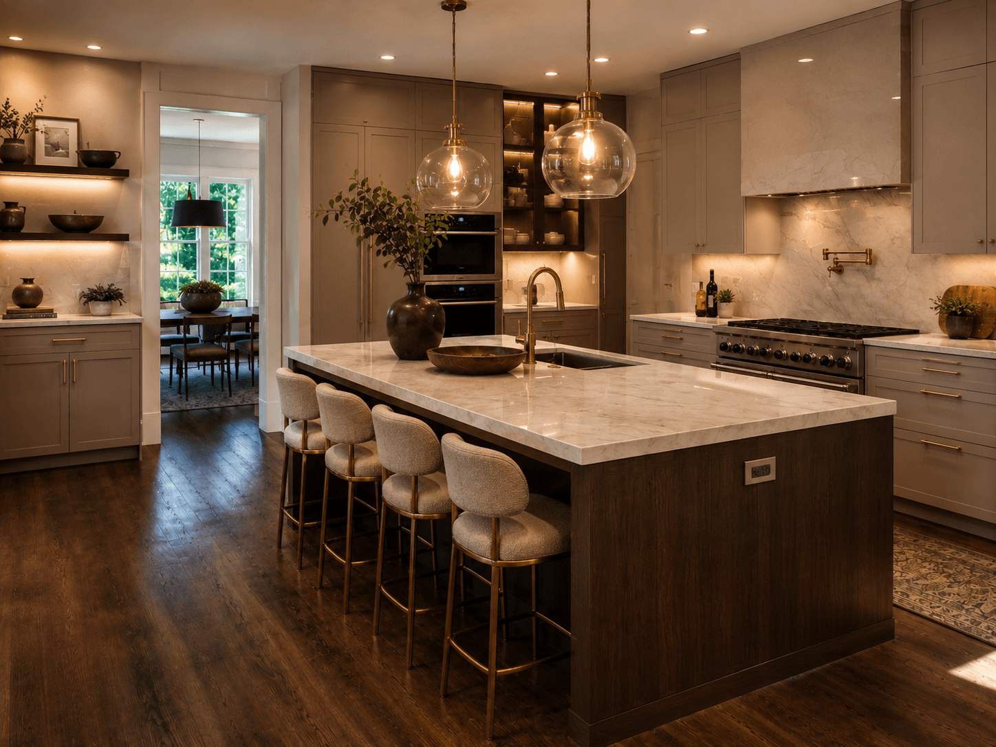 Staged gourmet kitchen with island and pendant lighting