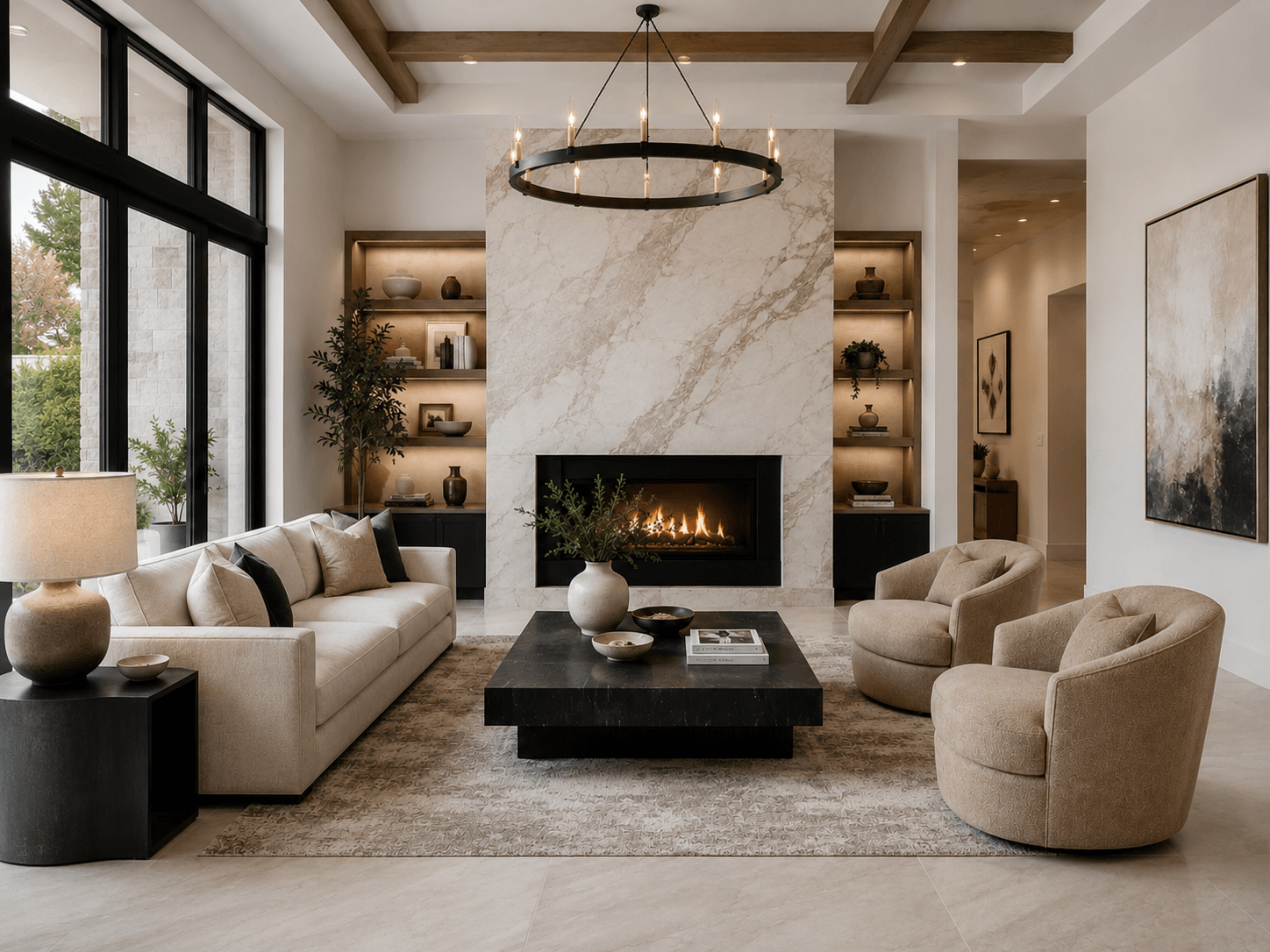 Luxury living room staging with elegant chandelier and fireplace