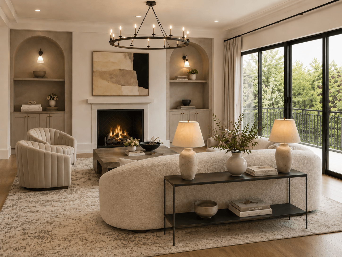 Elegant sitting room with curved sofa and arched niches
