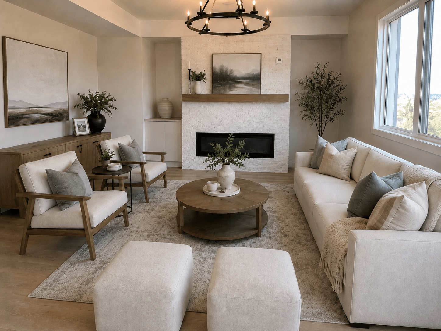Modern farmhouse living room with white brick fireplace