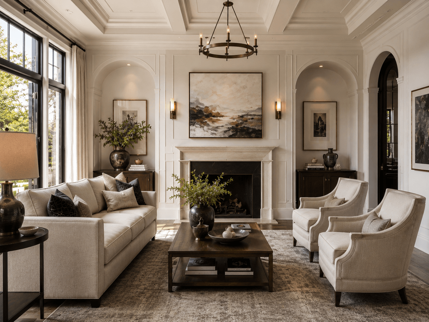 Designer living room with classic furnishings and art