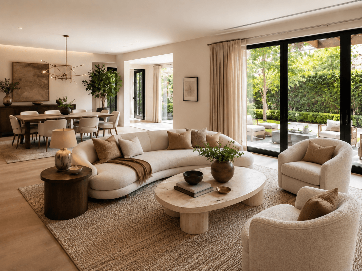 Open concept living and dining area with garden view
